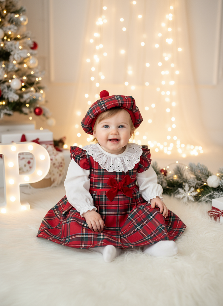 Conjunto Menina Tartan Vermelho e azul- Vestido, Blusa e Boina Natalícia