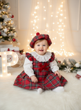 Conjunto Menina Tartan Vermelho e azul- Vestido, Blusa e Boina Natalícia