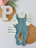 Conjunto riscas: camisola, jardineiras e gorro