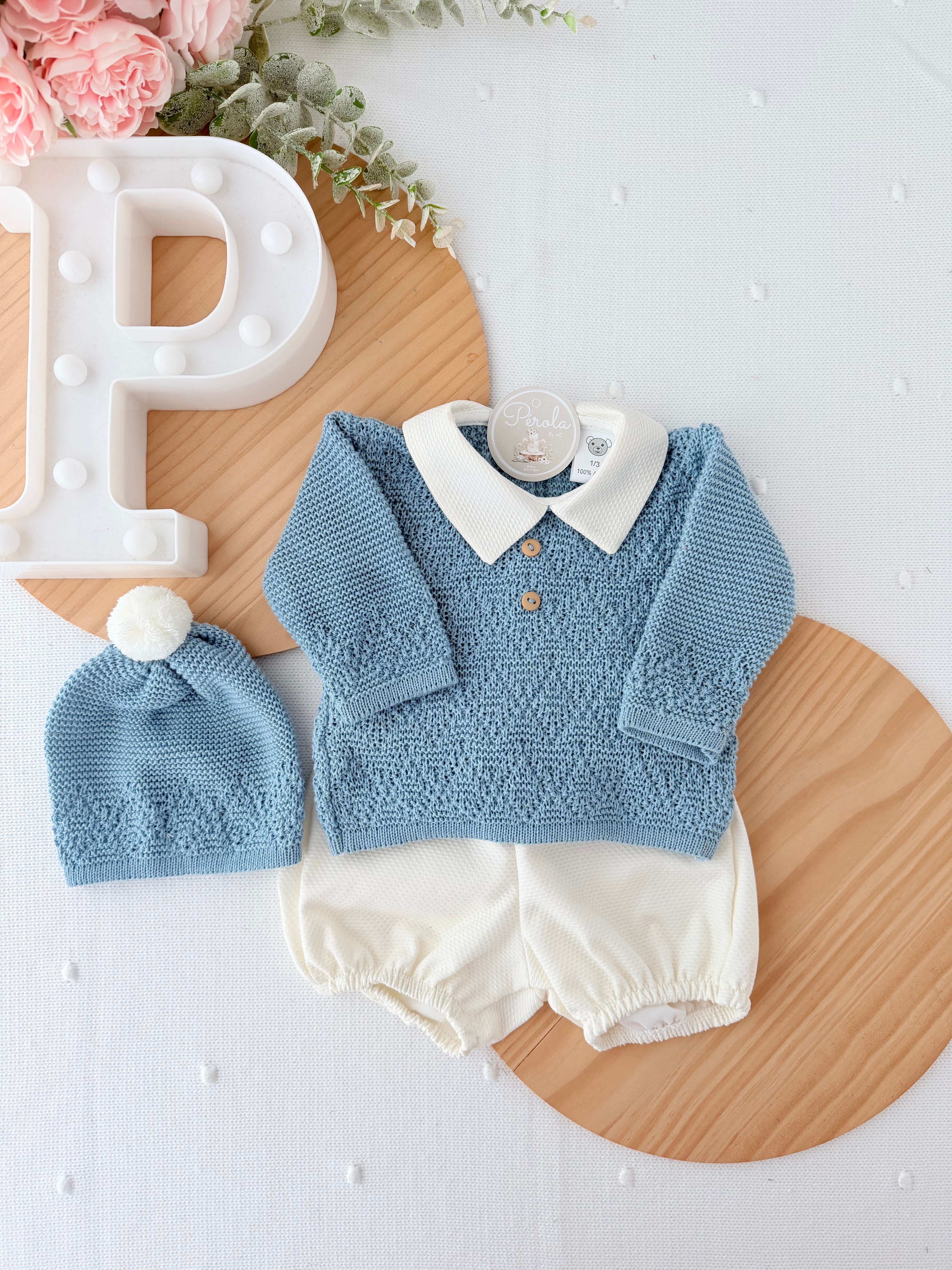 Conjunto Azulão: Camisola,gorro e calções - Primavera Verão