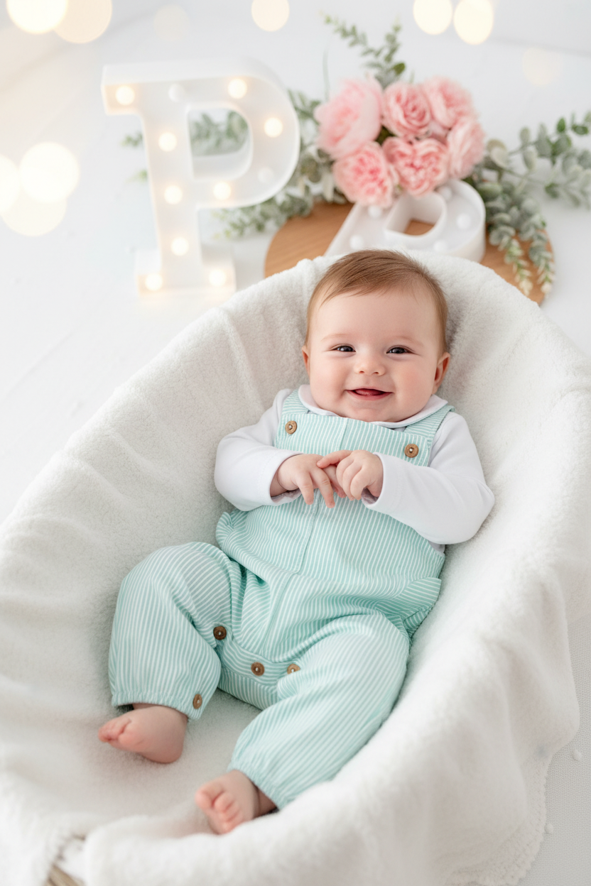 Conjunto verde: Jardineiras e camisola 3-12M