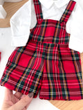 Conjunto Menino Tartan Vermelho e Preto - Jardineiras Calções e Camisa