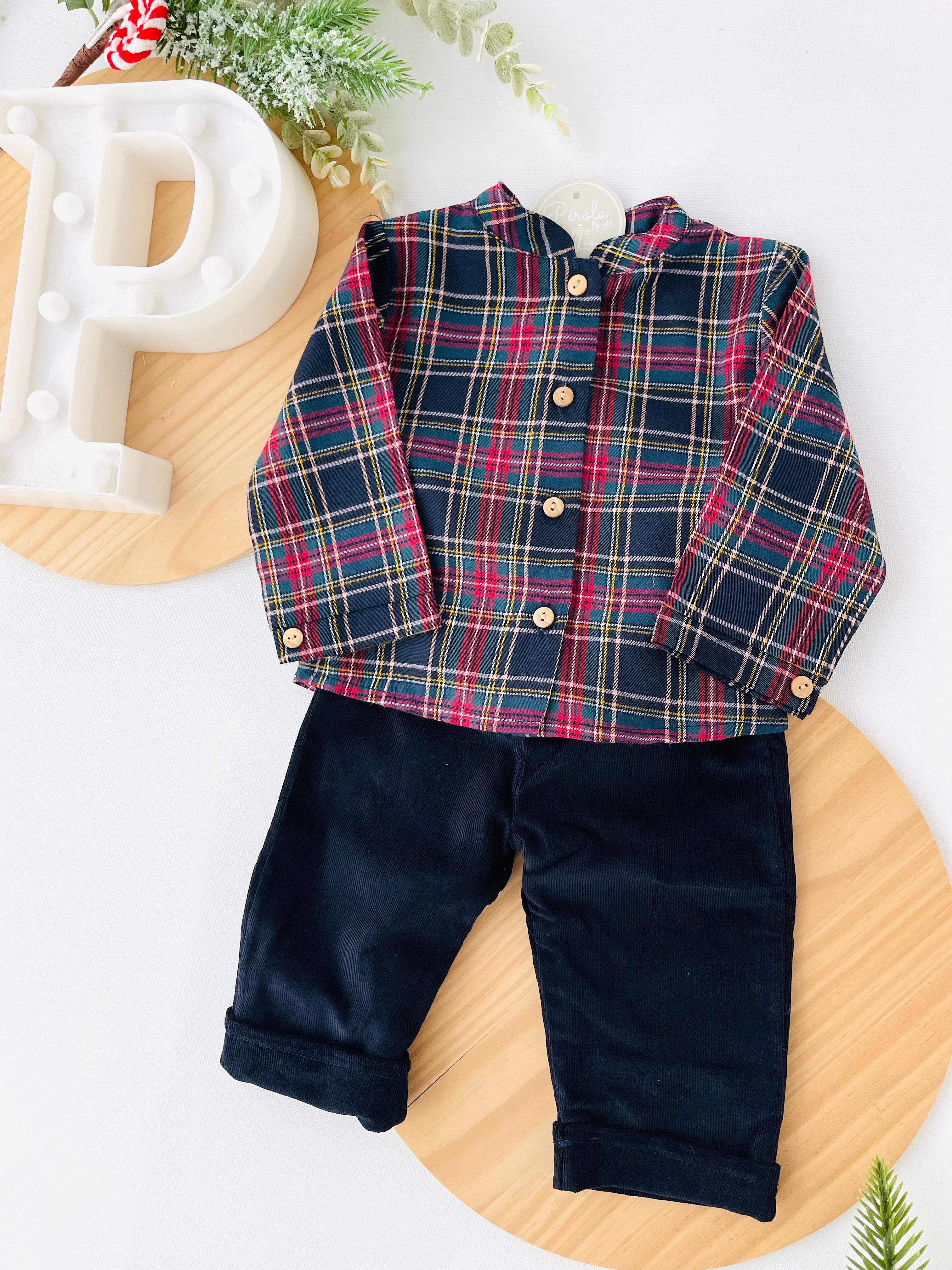 Conjunto xadrez: calças bombazine e camisa