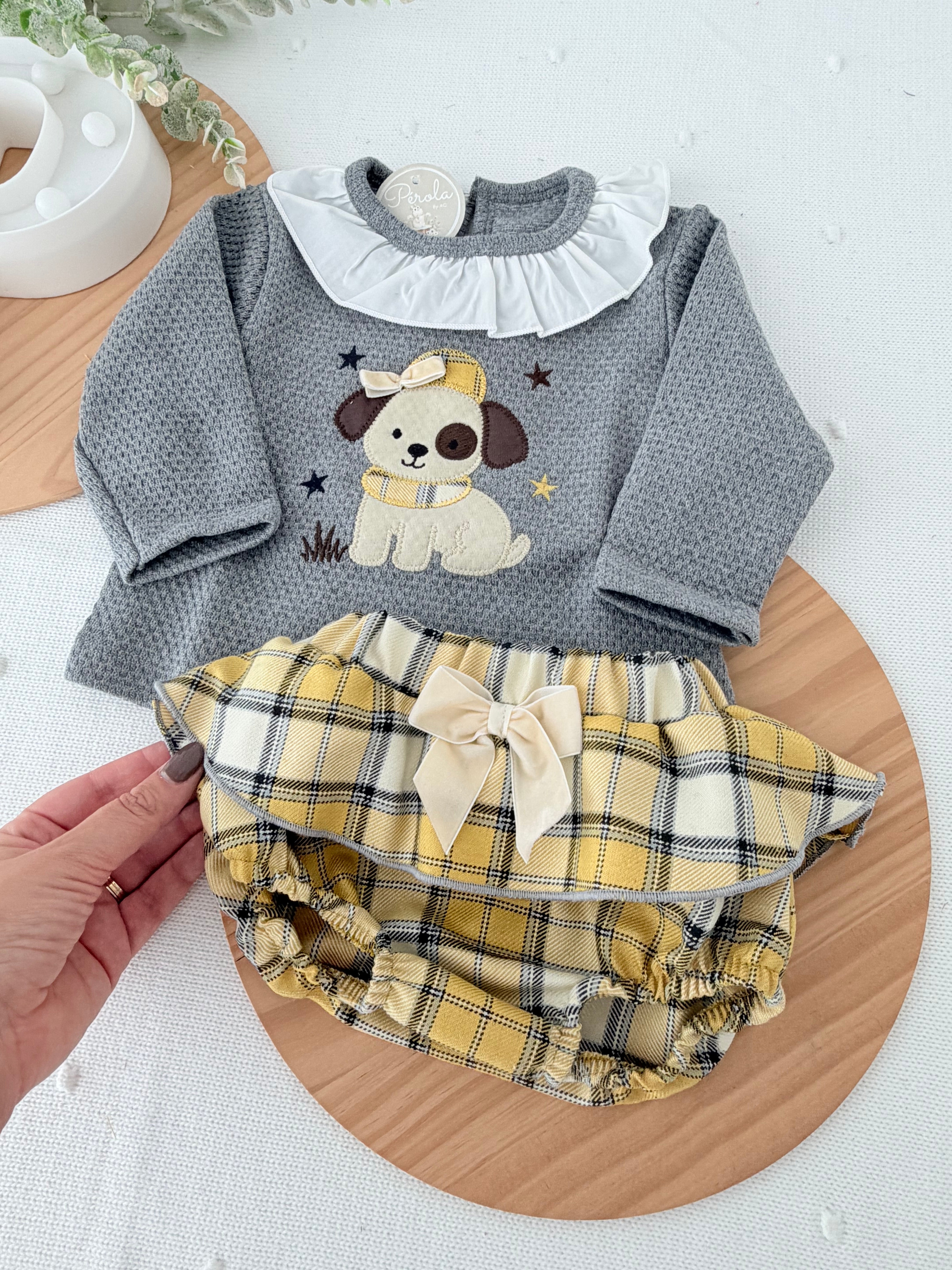 Conjunto cãozinho: camisola e saia com tapa fraldas