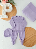 Pack ternura lilás ❤️ Saída de maternidade 4 peças: manta, camisola, calças e gorro