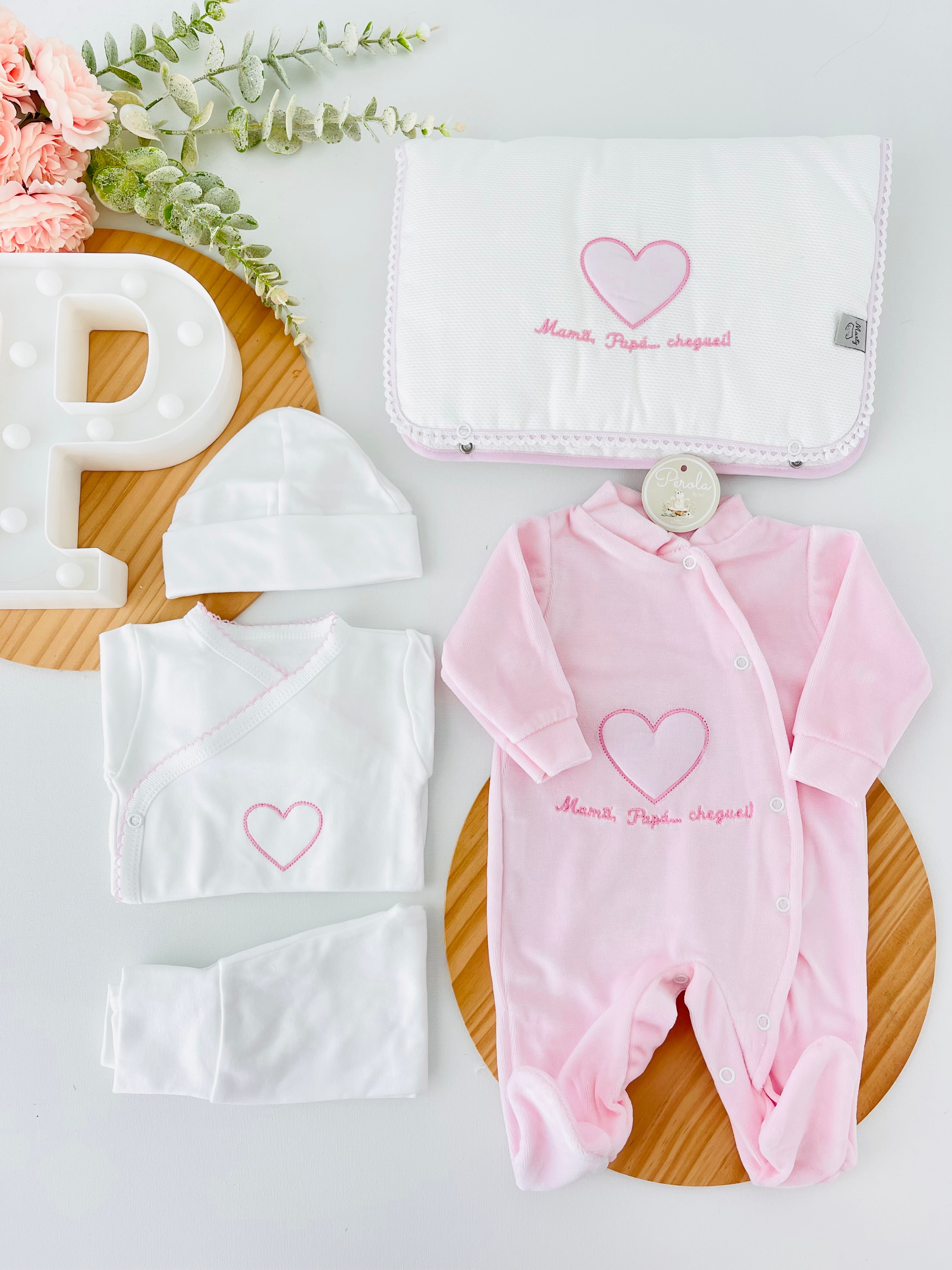 Conjunto primeira roupinha veludo- Mamã Papá cheguei