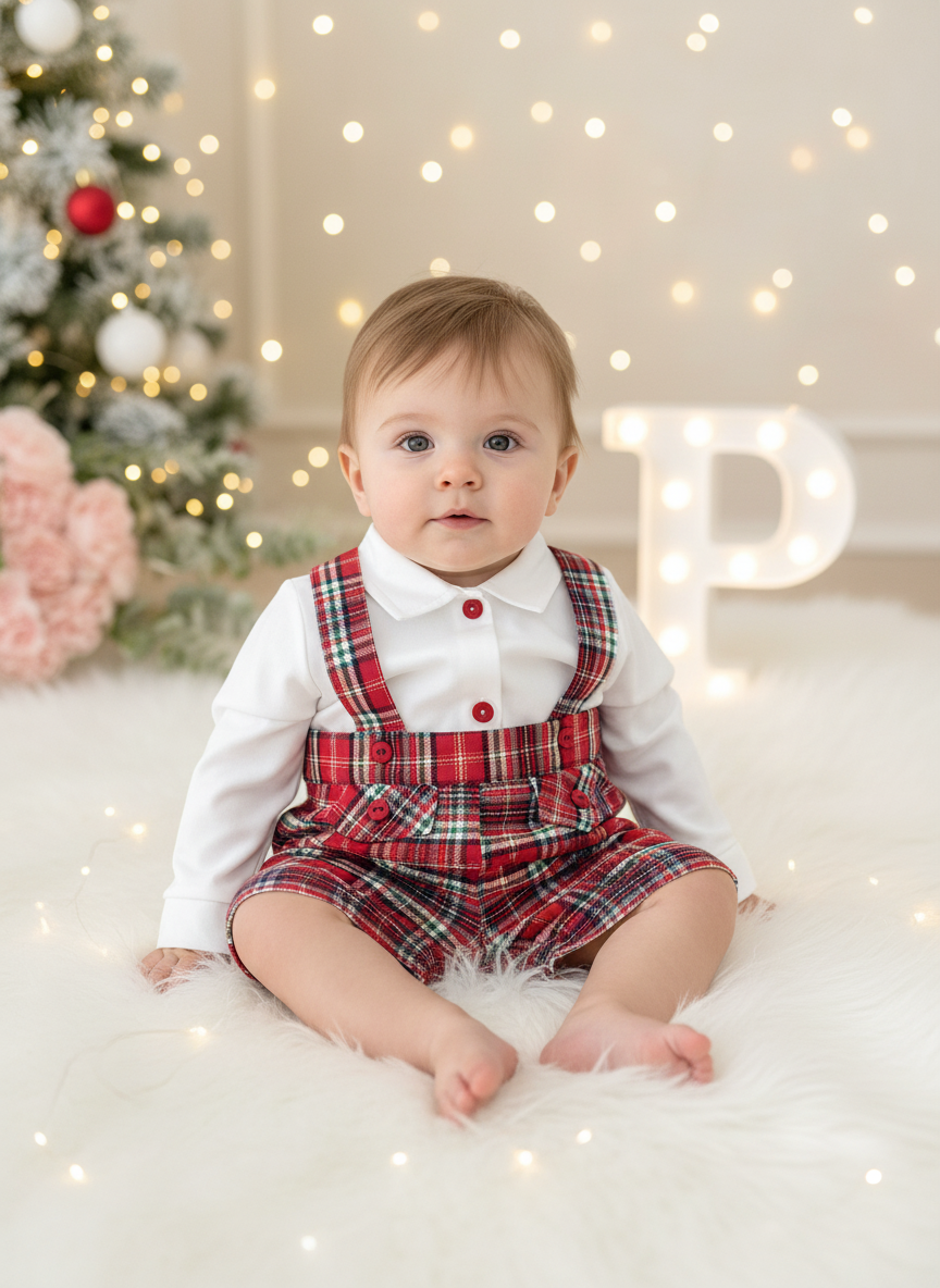 Conjunto menino xadrez vermelho e verde: Calções com alças e camisa