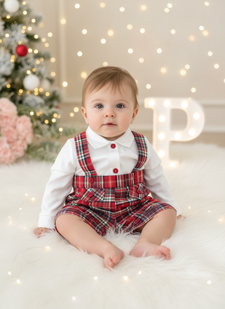 Conjunto menino xadrez vermelho e verde: Calções com alças e camisa