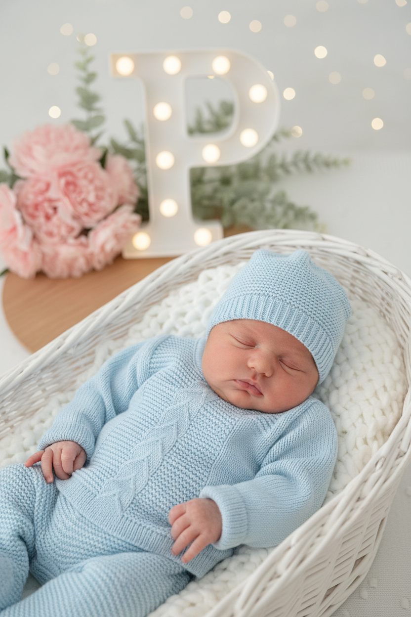 Conjunto tricot sonho : calças, camisola e gorro