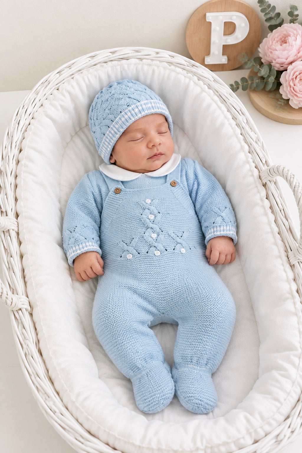 Saída de maternidade azul : jardineiras, camisola e gorro malha quentinha