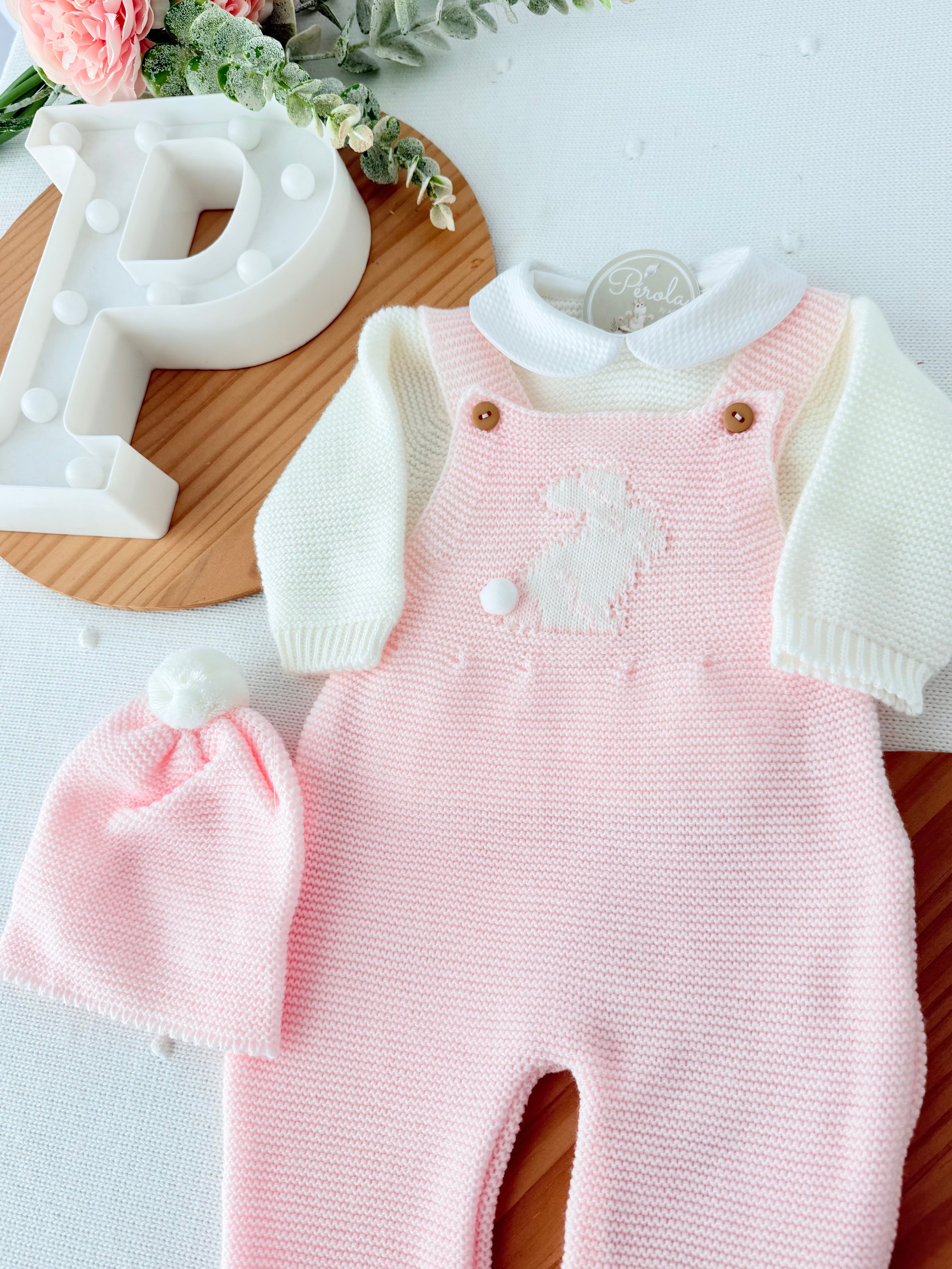 Conjunto coelhinho: jardineiras, camisola e gorro