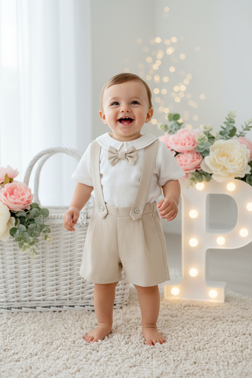 Conjunto especial cerimónia para menino: calções, camisa e laço