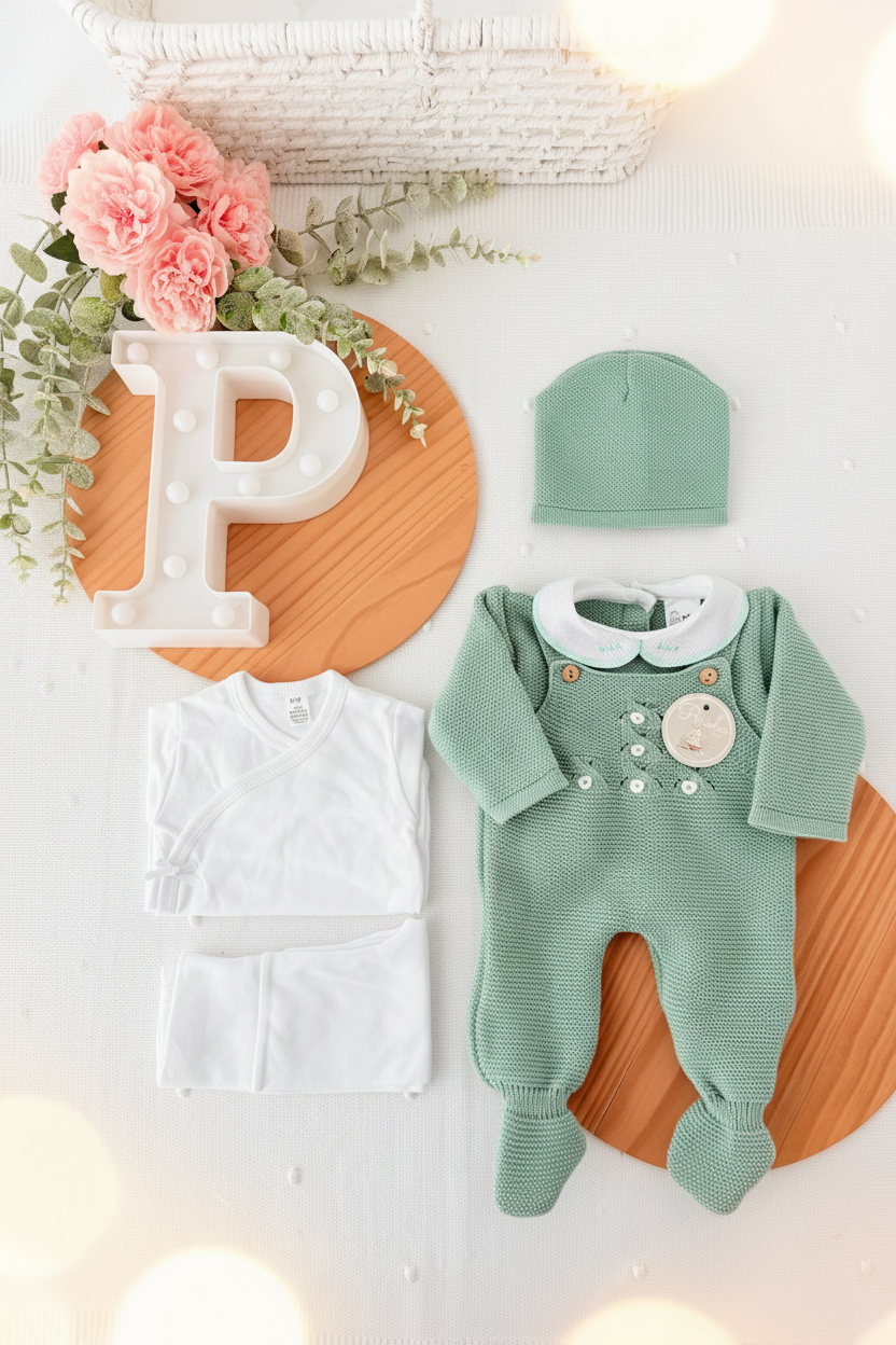 Pack saída de maternidade verde 5 peças: body, calças, jardineiras, camisola e gorro