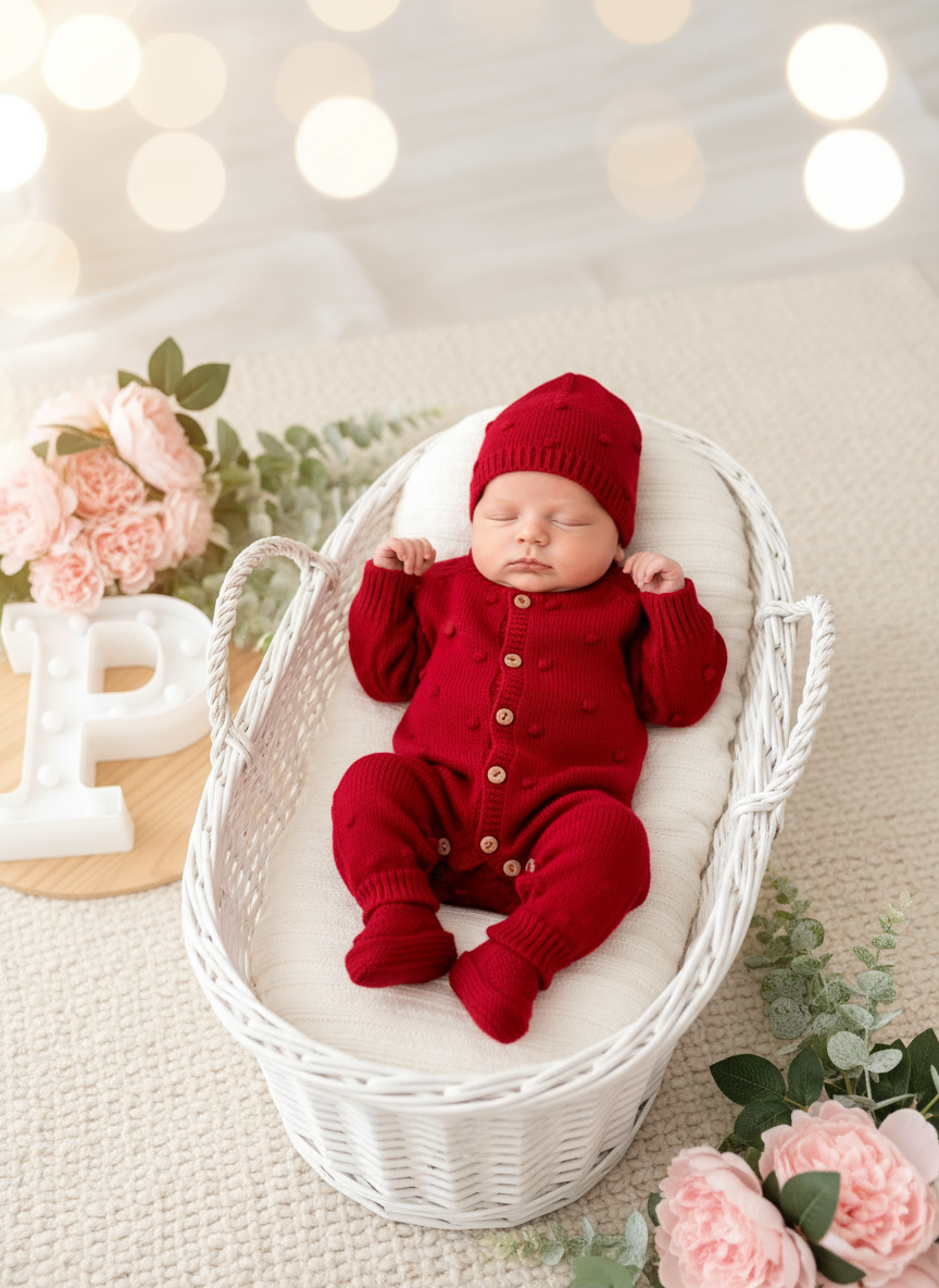 Conjunto bolinhas VERMELHO: macacão, gorro e carapins de malha