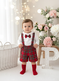 Conjunto xadrez vermelho menino Natal: calções, camisa em flanela e laço xadrez 2.0