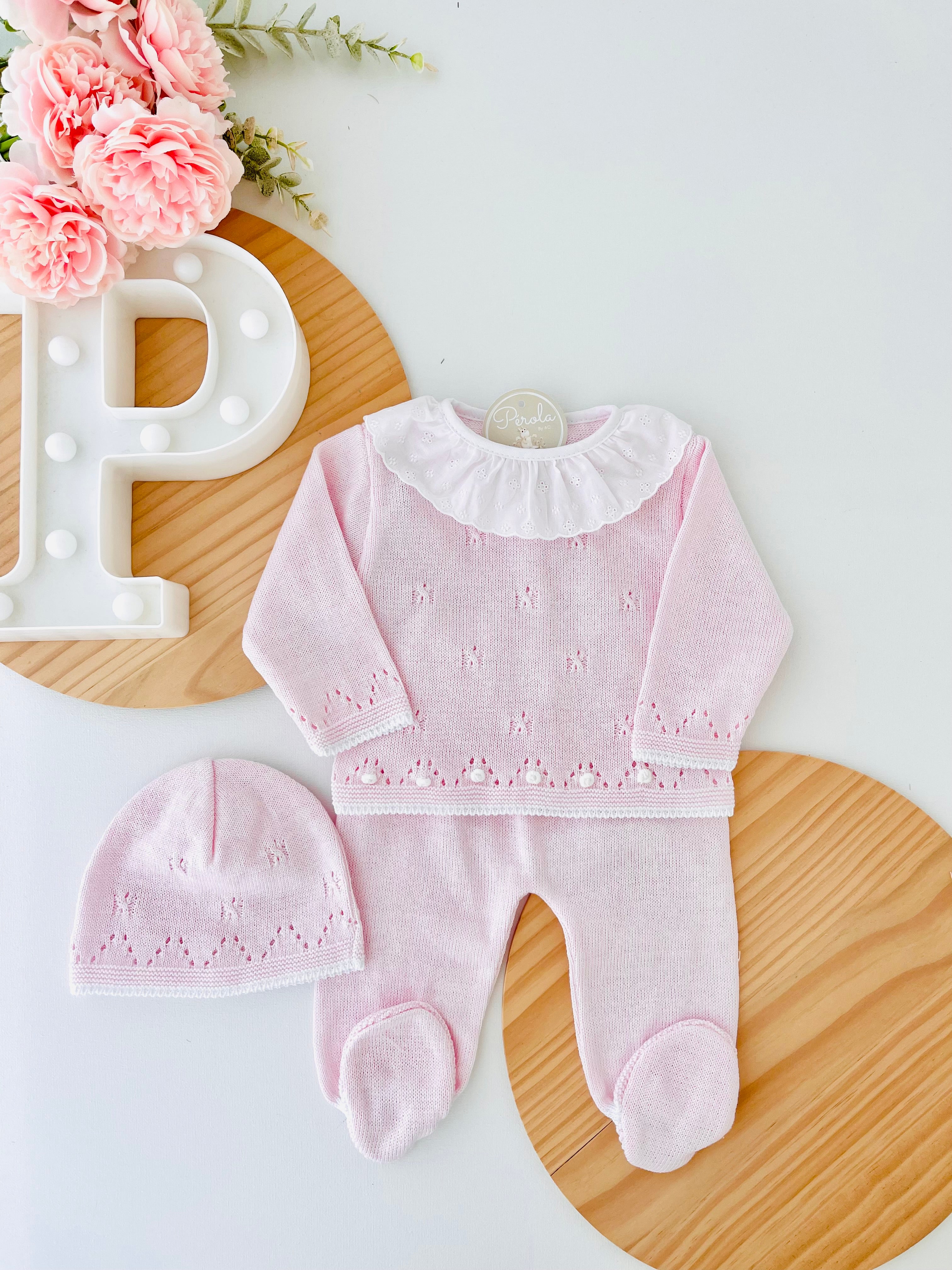 Conjunto malha 100% algodão: camisola, calças e gorro