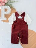 Conjunto tijolo: jardineiras e camisola 3-6-12M