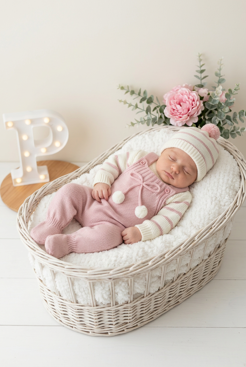 Conjunto risquinhas rosa: jardineiras, camisola e gorro