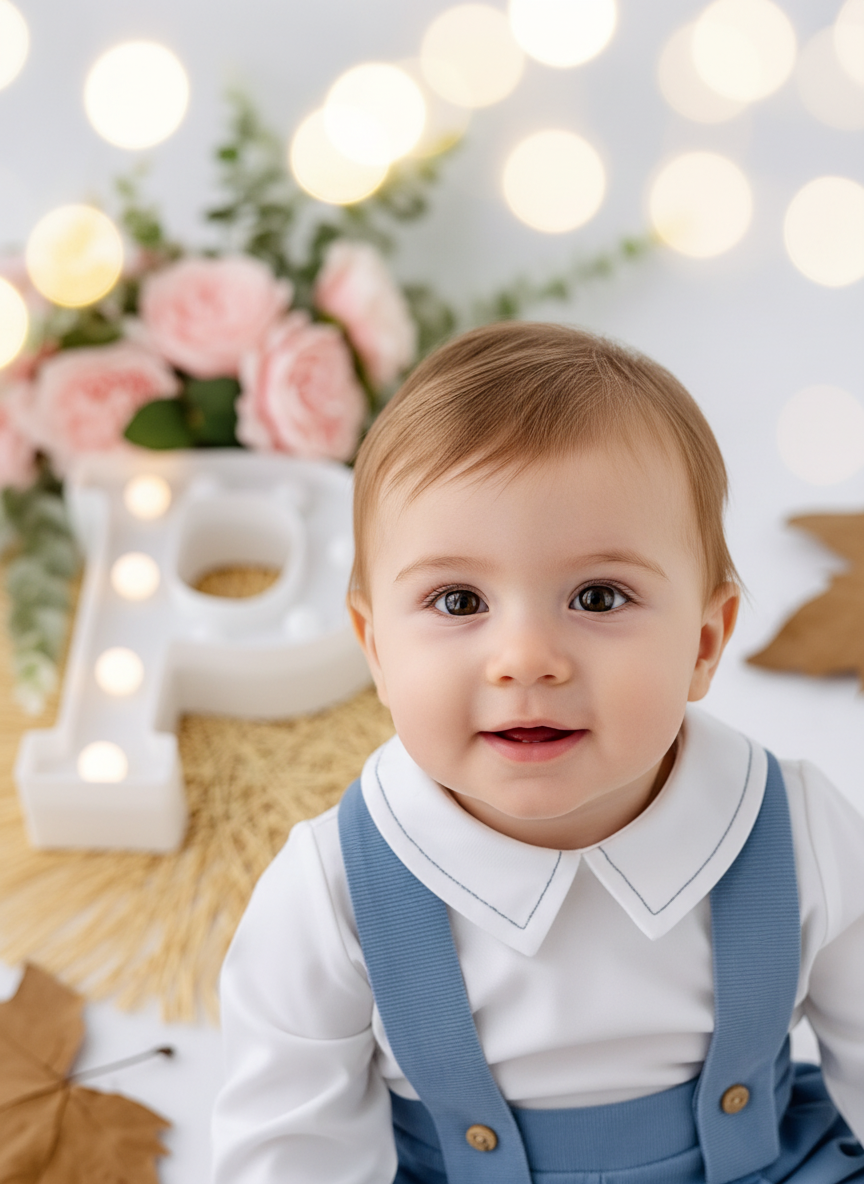 Conjunto menino azul: Calções bombazine e camisa- Outono/Inverno
