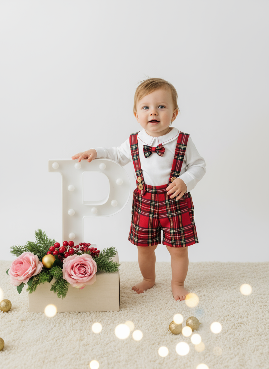 Conjunto xadrez vermelho menino Natal: calções, camisa em flanela e laço xadrez