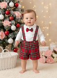 Conjunto xadrez vermelho menino Natal: calções, camisa em flanela e laço xadrez 2.0