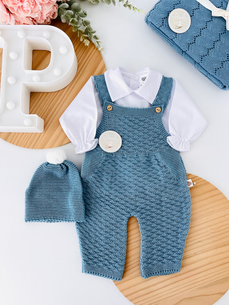 Saída de maternidade AZUL Cobalto : jardineiras, camisa e gorro 100% algodão Primavera/Verão
