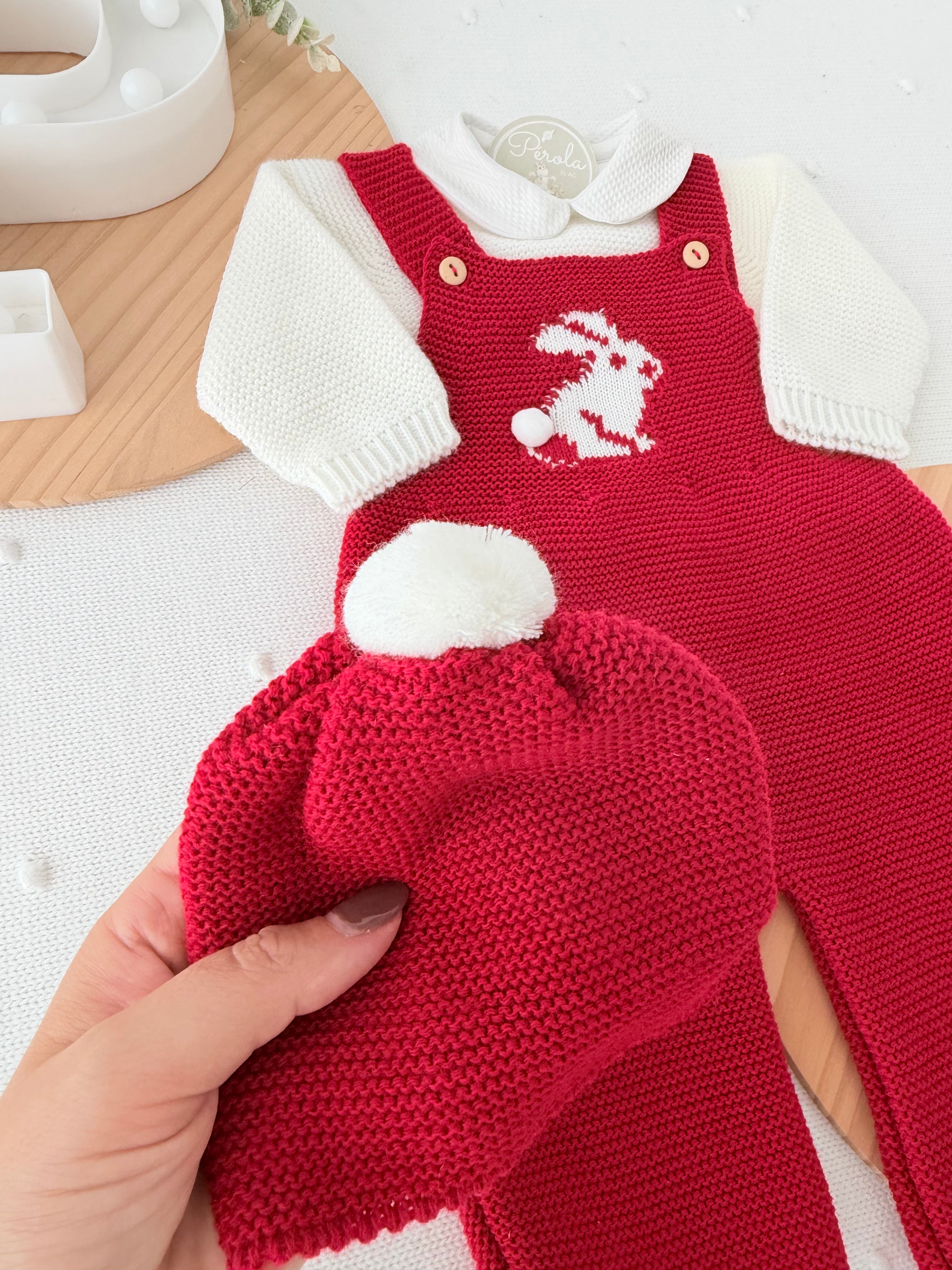 Conjunto coelhinho: jardineiras, camisola e gorro