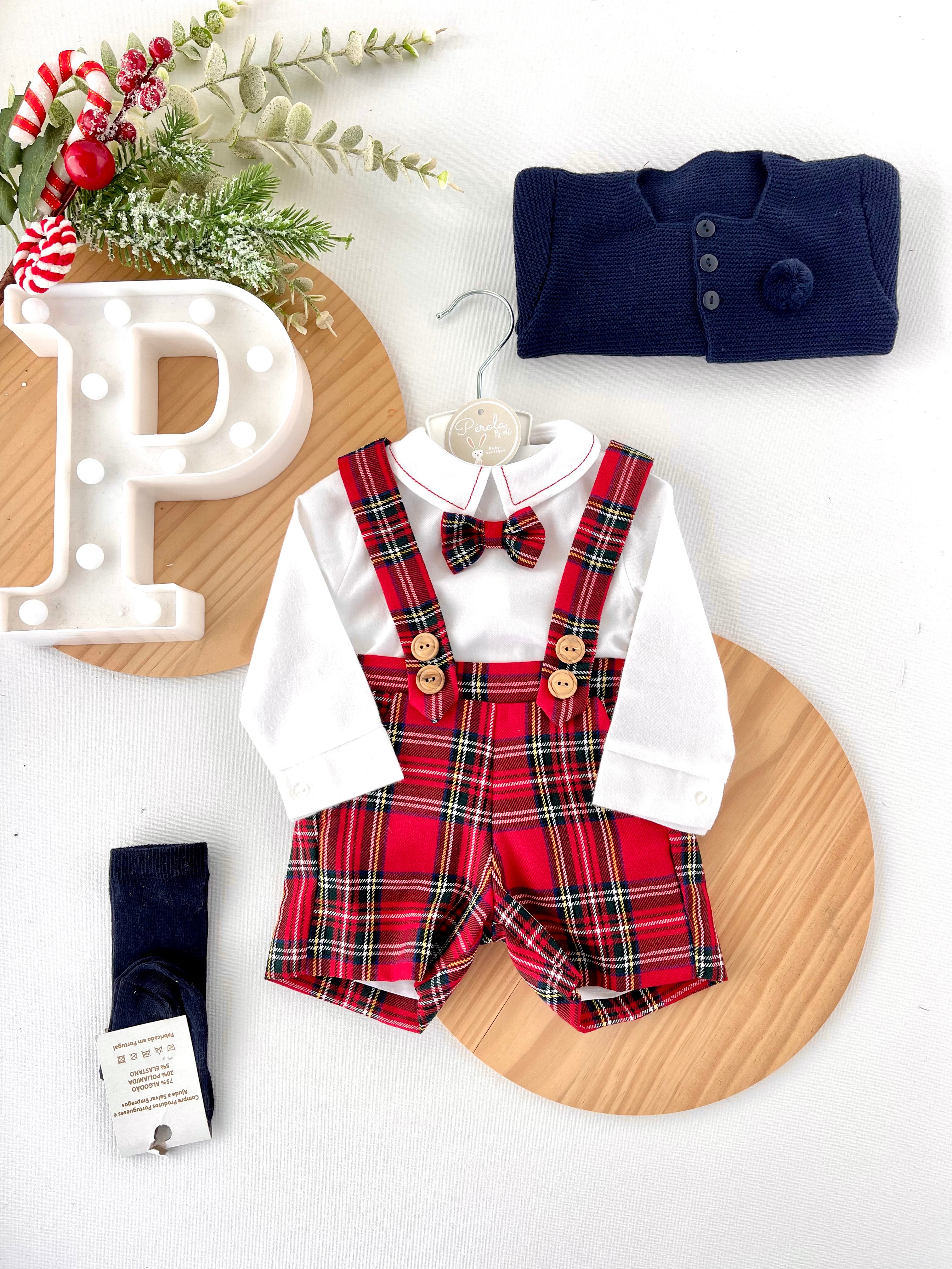 Conjunto xadrez vermelho menino Natal: calções, camisa em flanela e laço xadrez