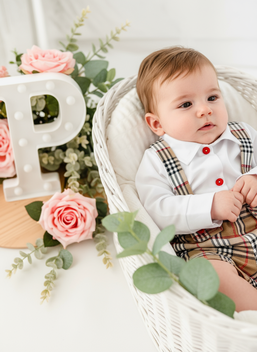 Conjunto menino xadrez estilo Burberry: Calções com alças e camisa 3M