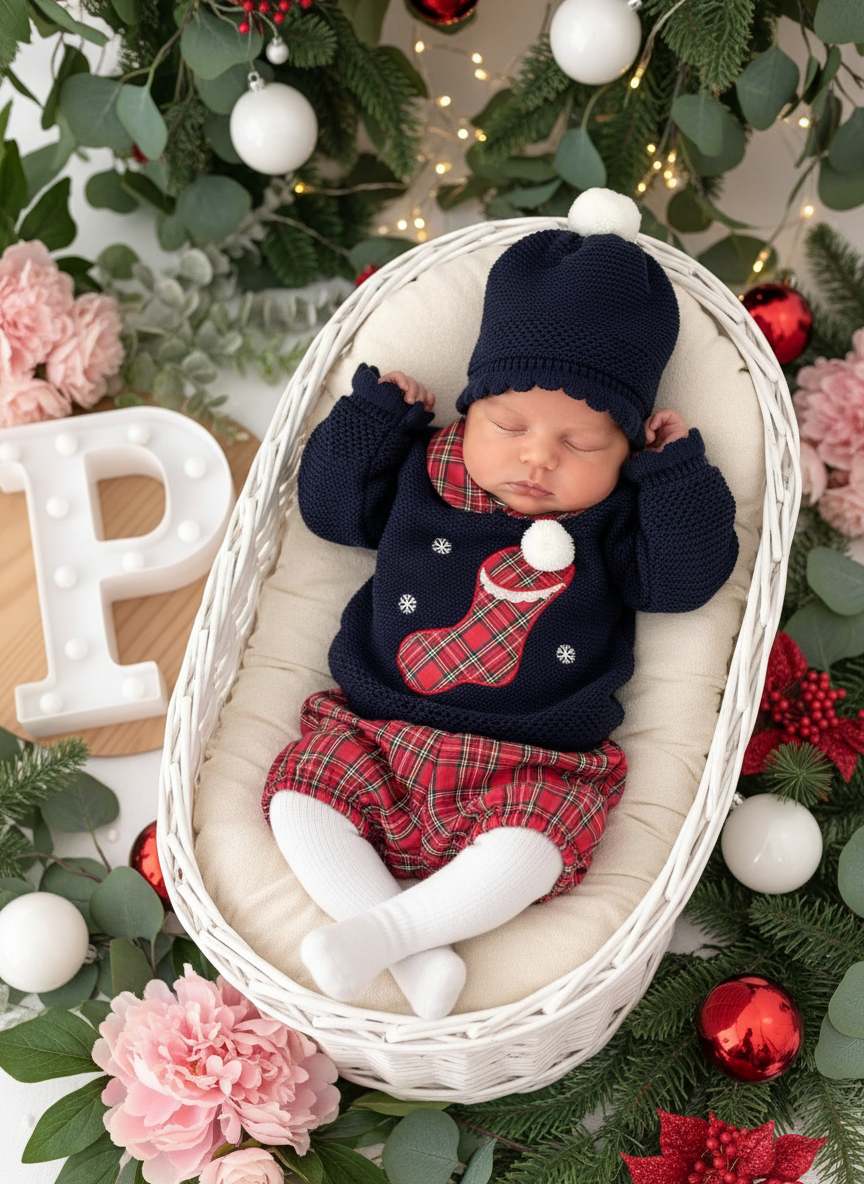 Conjunto Natal: camisola, calções e gorro pompom
