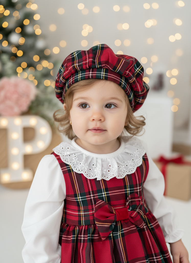 Conjunto Menina Tartan Vermelho e Preto - Vestido, Blusa e Bóina