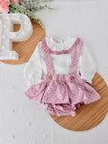 Conjunto Bolinhas Rosa: Blusa + Jardineiras com Laço