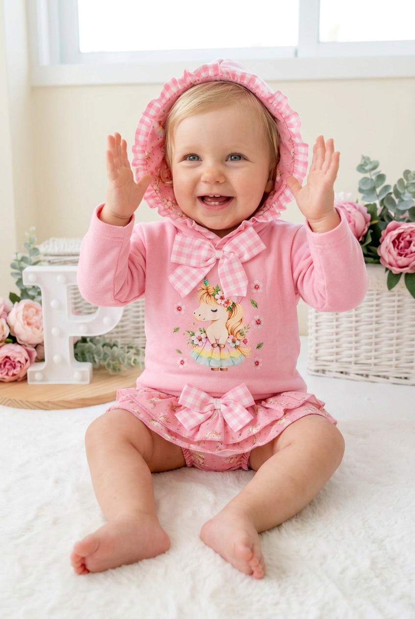 Conjunto Unicórnio Encantado Rosa – Camisola com Capuz e Tapa-Fraldas 6-36M