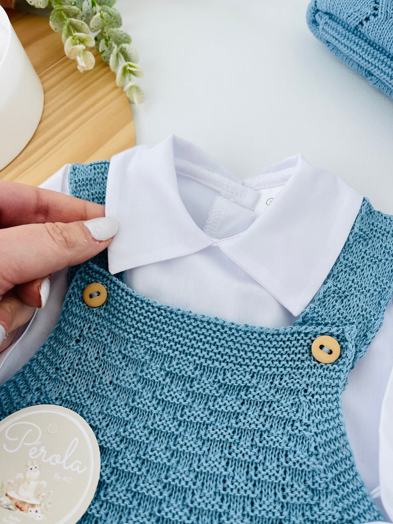 Saída de maternidade AZUL Cobalto : jardineiras, camisa e gorro 100% algodão Primavera/Verão