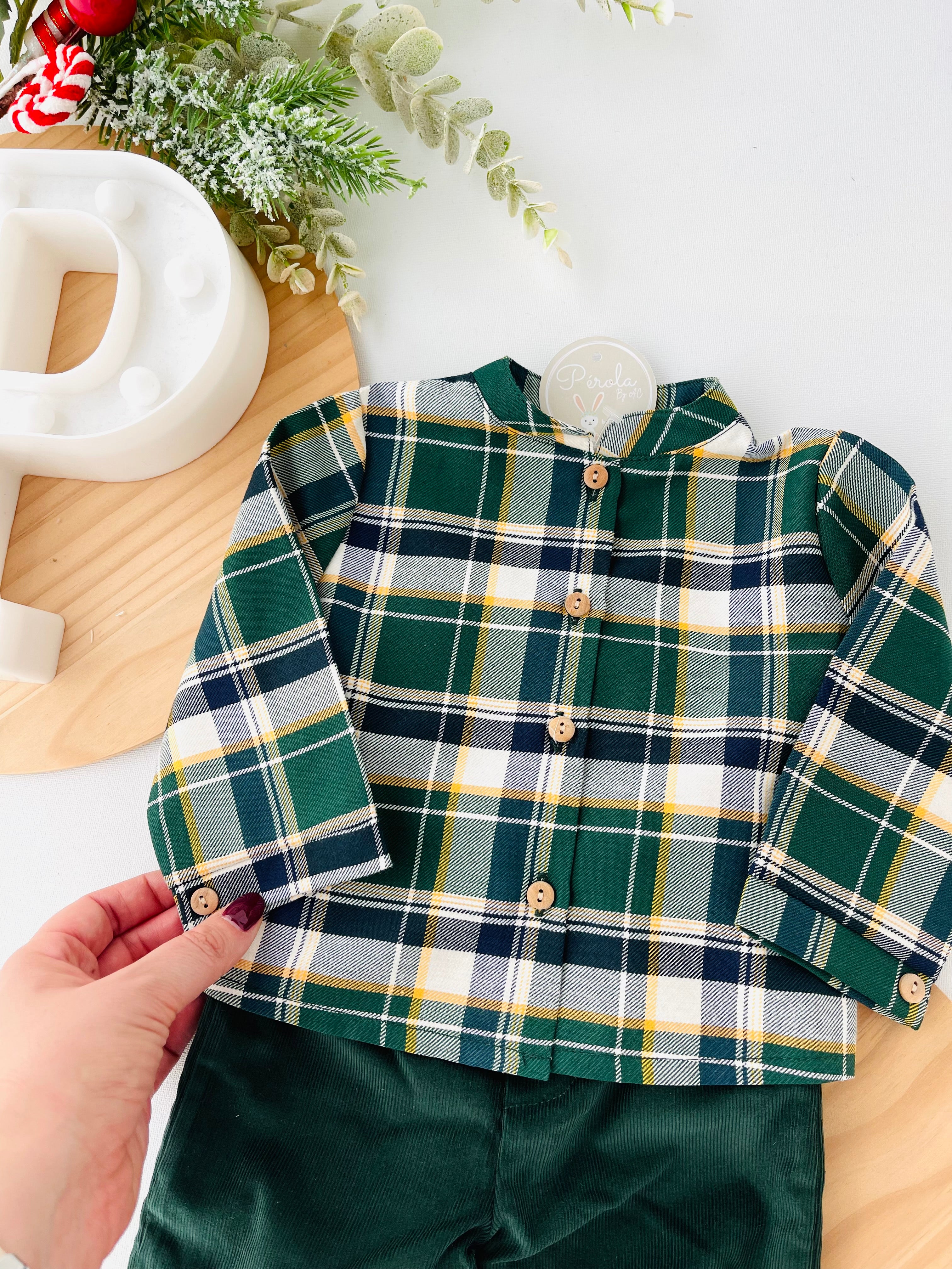 Conjunto xadrez: calças bombazine e camisa