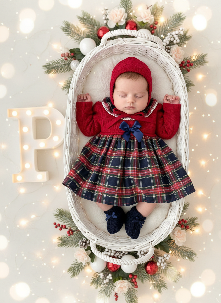 Vestido e touca em malha e xadrez azul marinho