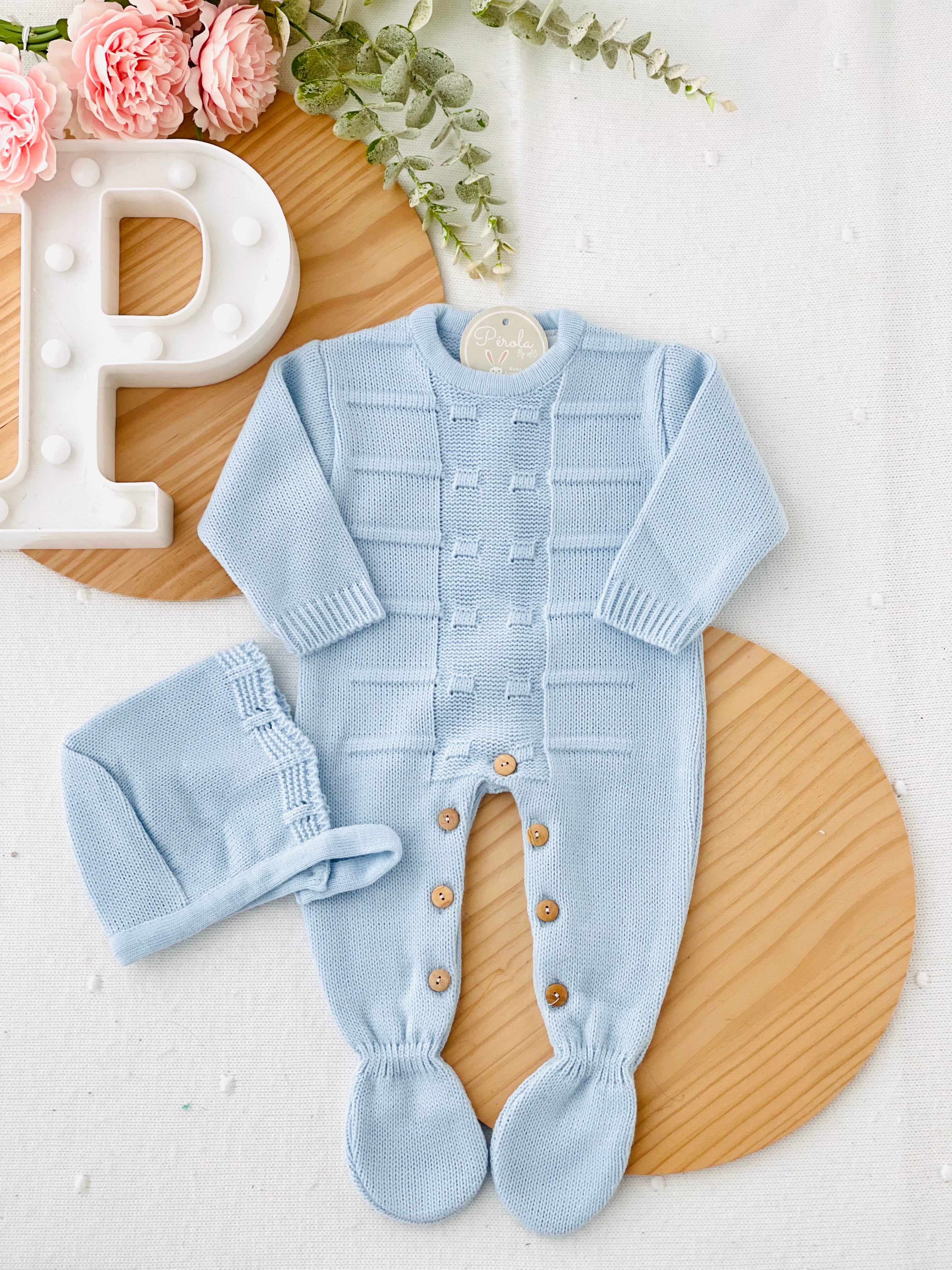 Saída de maternidade quadradinhos: Babygrow e touca Outono/Inverno