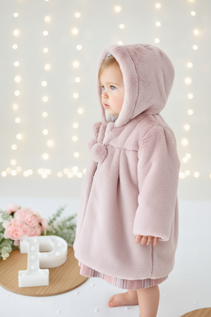 Conjunto Bela: casaco de pêlo comprido e vestido