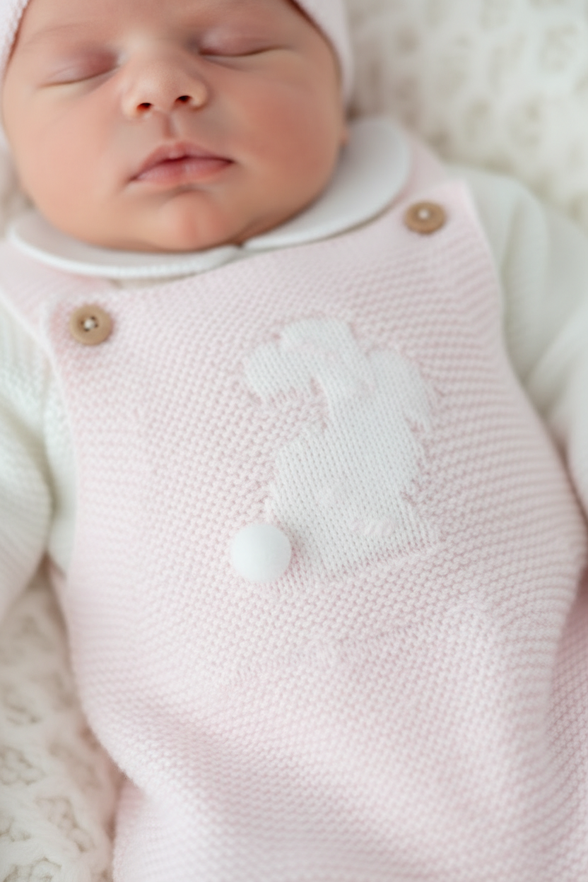 Conjunto coelhinho: jardineiras, camisola e gorro