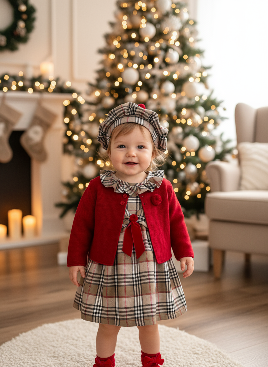 Conjunto Menina estilo Burberry - Vestido e Bóina