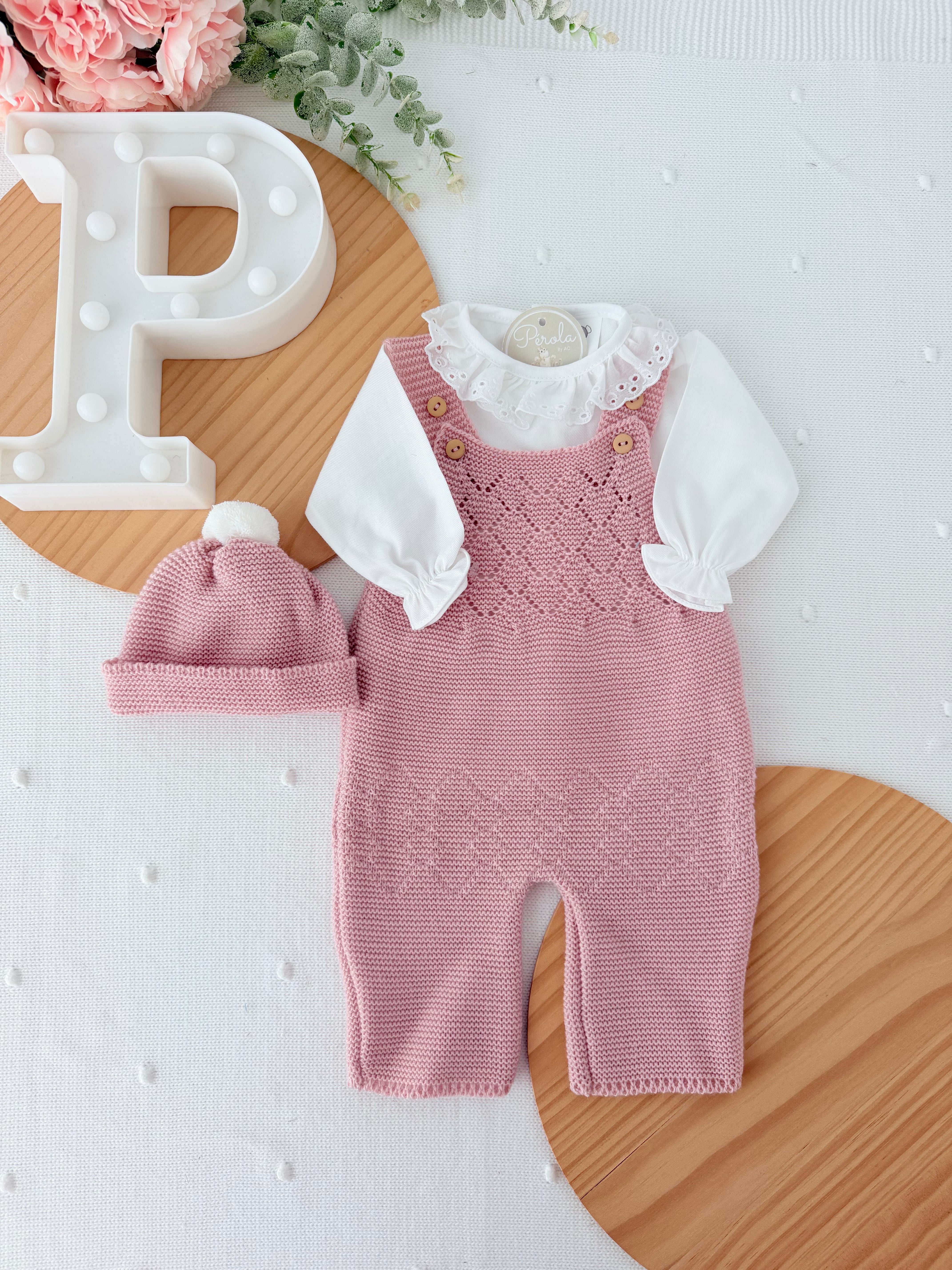 Conjunto recém nascido menina rosa velho : 3peças Outono/Inverno