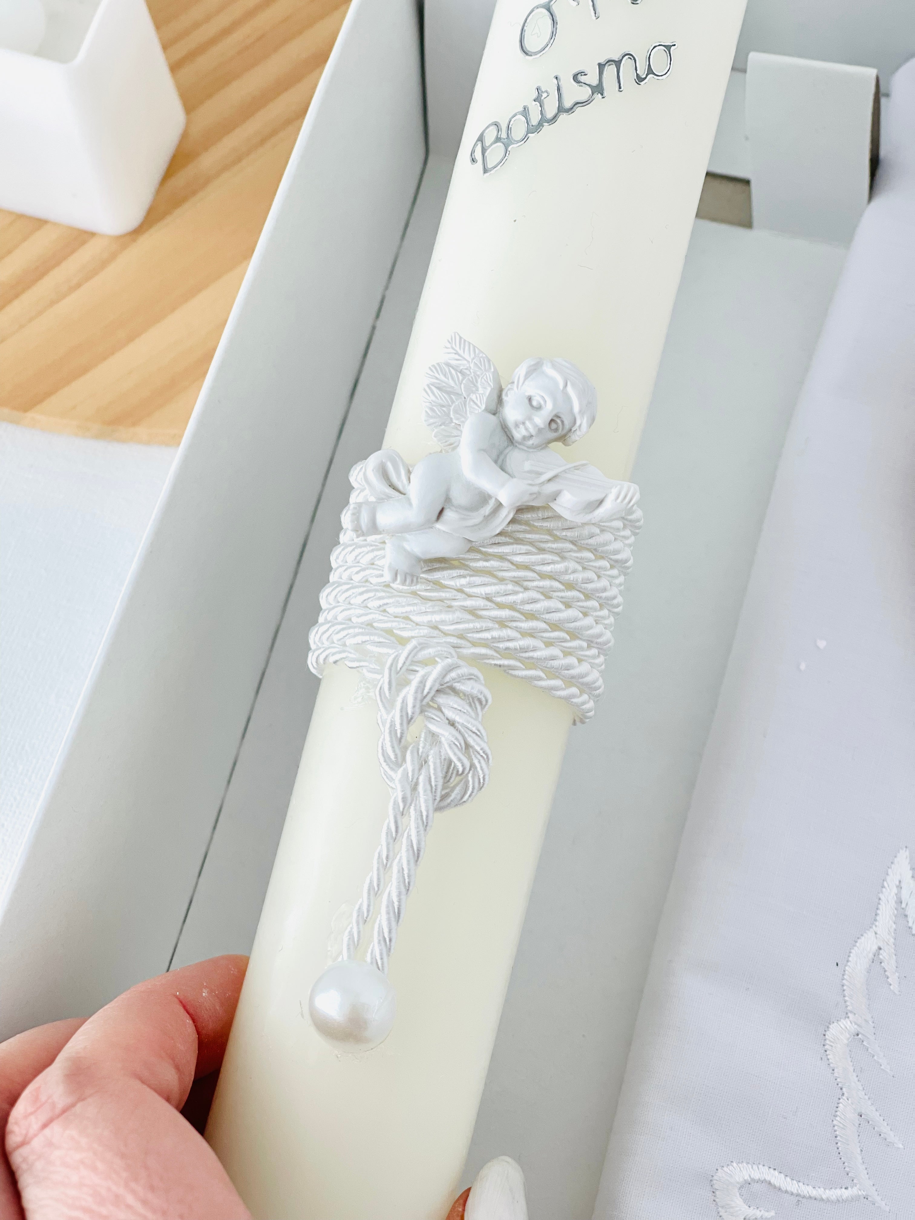 Conjunto para Batizado: vela, toalha e concha Batizado Pomba