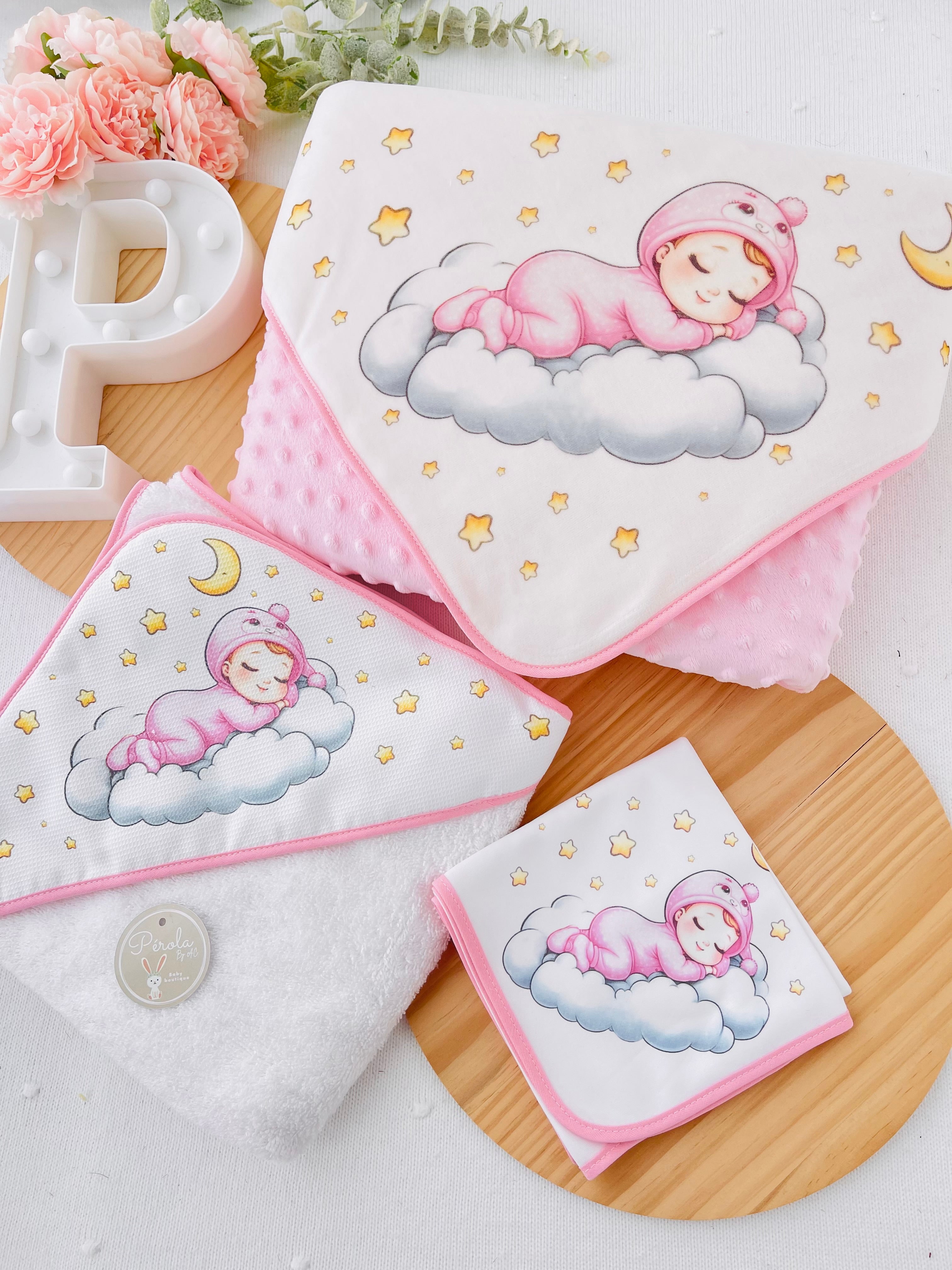 Pack enxoval 3 peças: manta, fralda e toalha