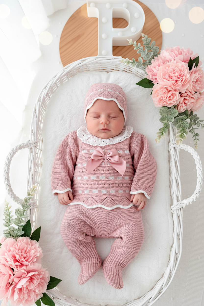 Conjunto princesinha de malha rosa com bordado inglês