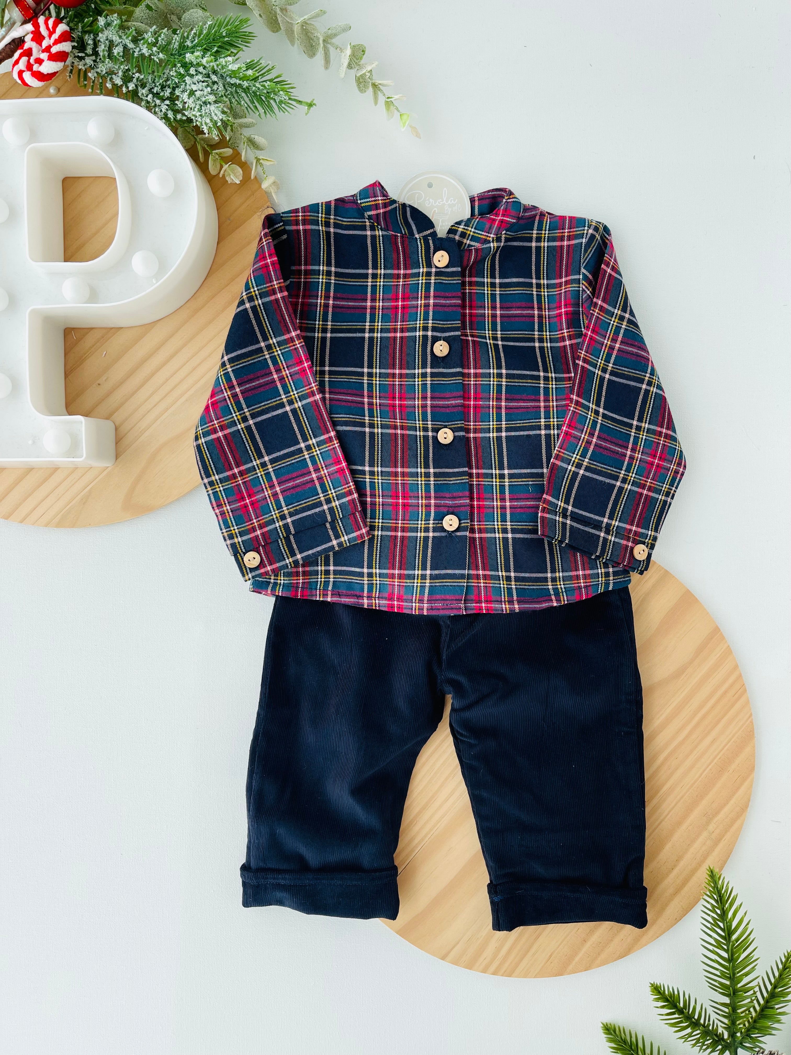 Conjunto xadrez: calças bombazine e camisa