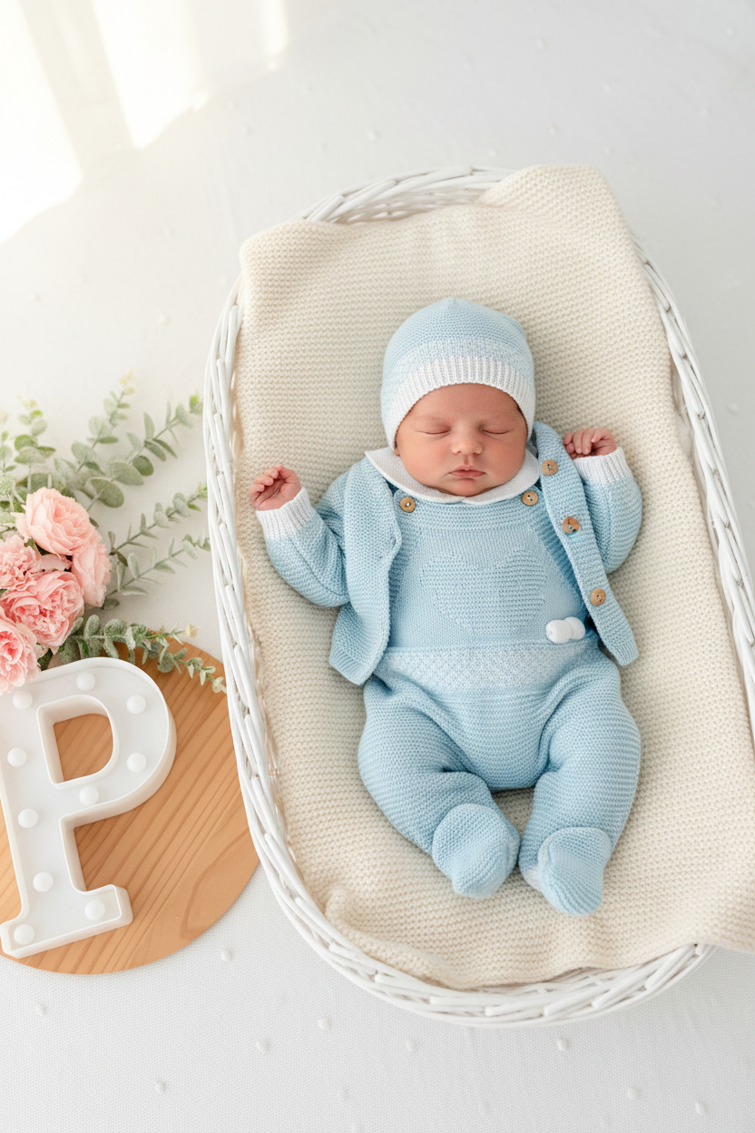 Saída de maternidade ursinho- casaco, jardineiras, camisola e gorro