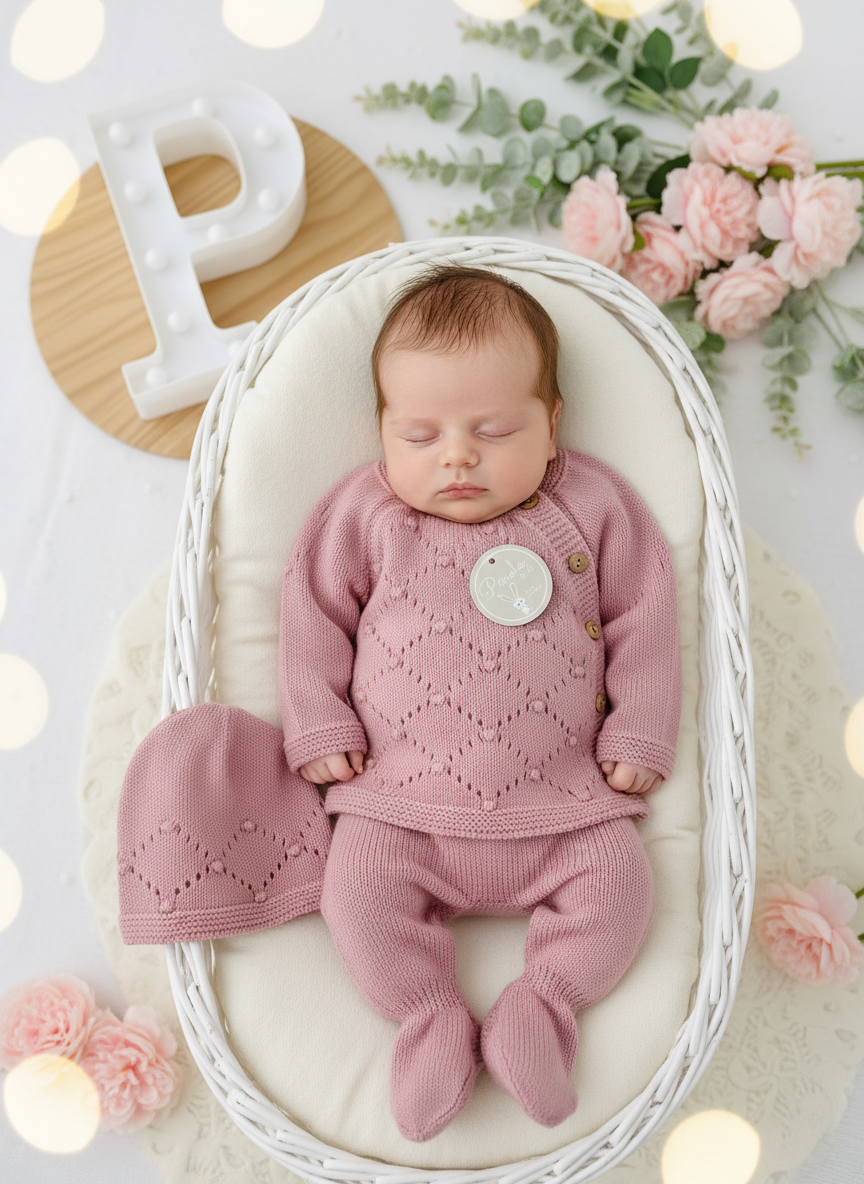 Conjunto malha bolinhas: camisola, calças e gorro- Outono/Inverno. 3/6M