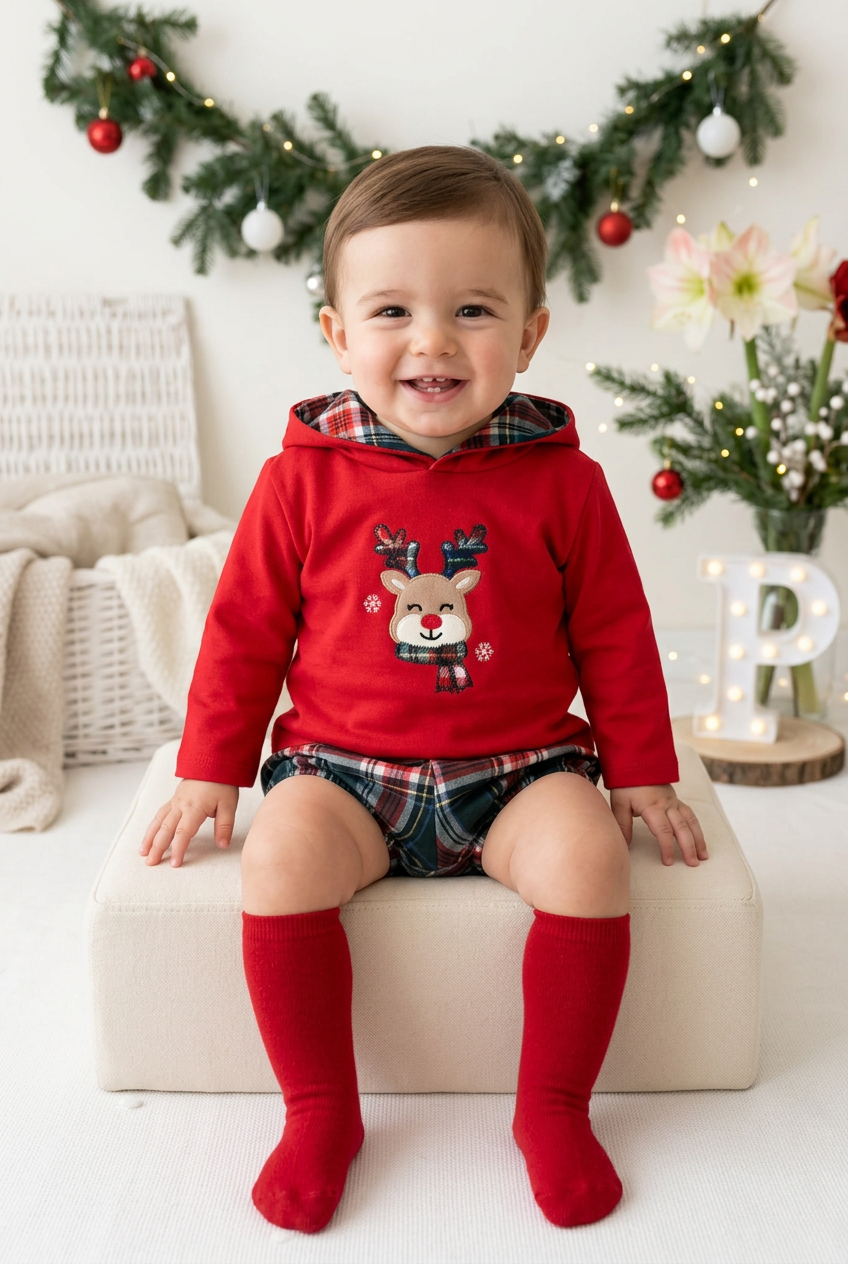 Conjunto Renas menino: camisola com capuz e calções