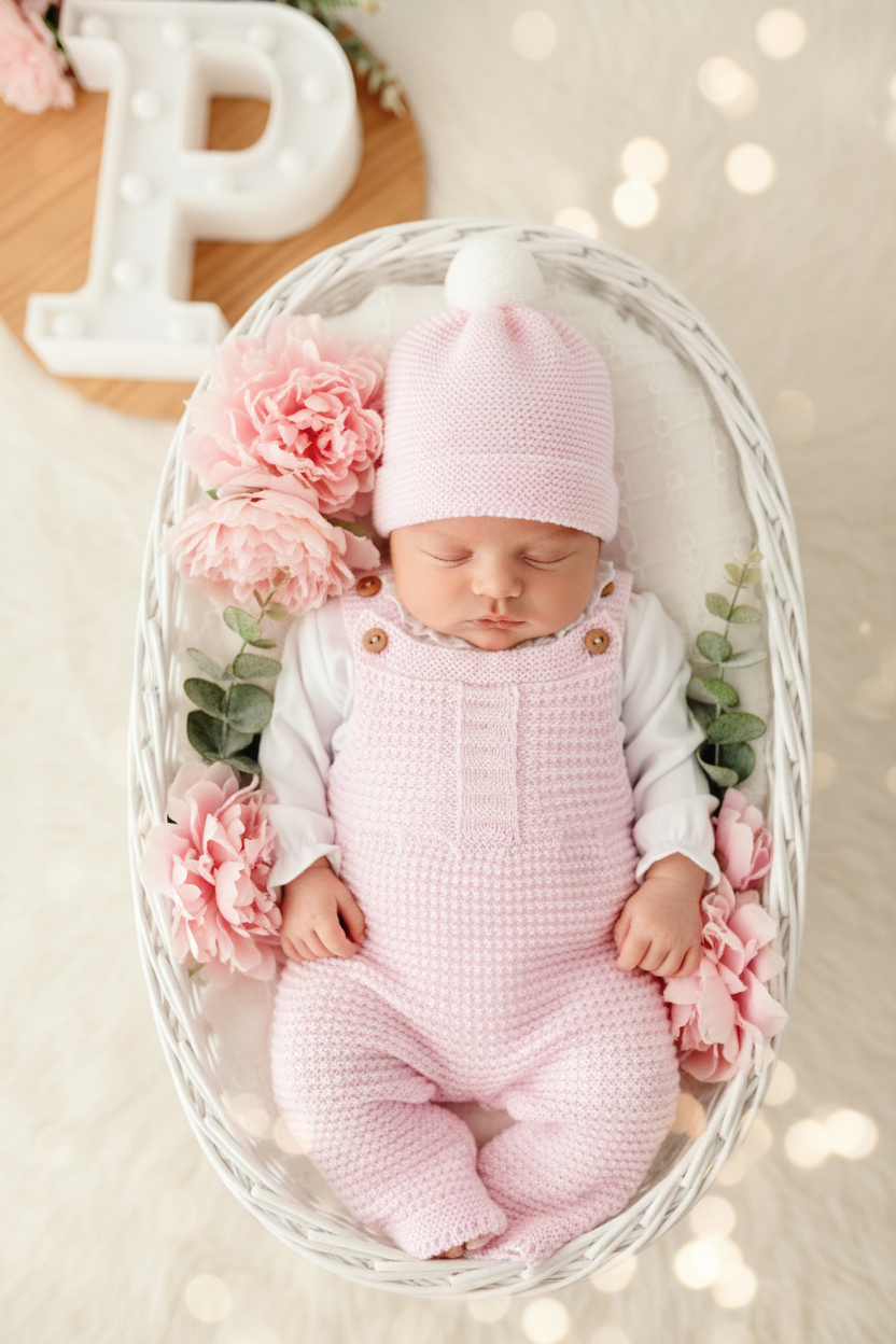 Saída de maternidade ROSA: jardineiras, blusa e gorro 100% algodão Primavera/Verão