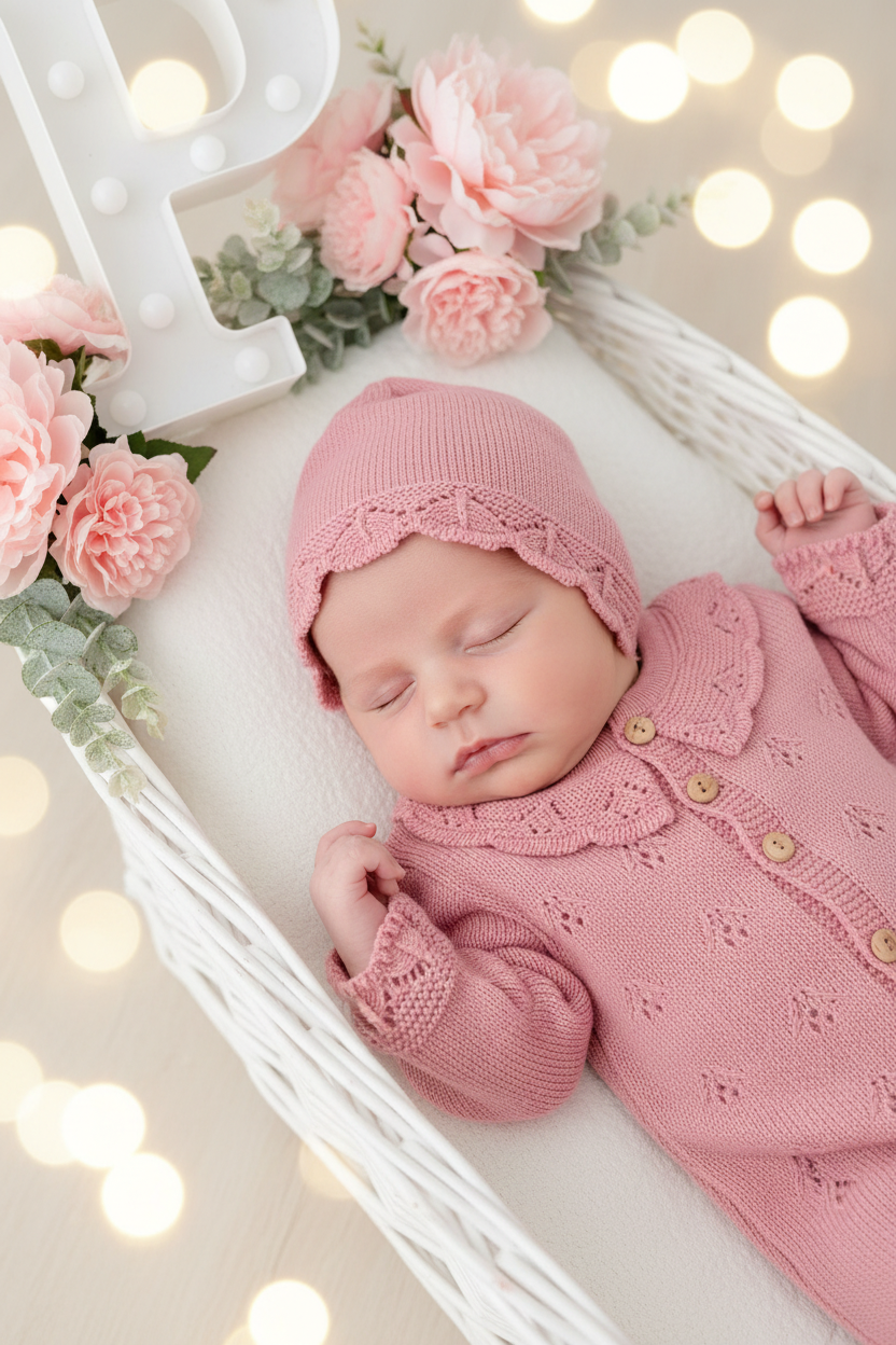 Conjunto Rosa Babygrow & Touca em Malha com Botões de Madeira